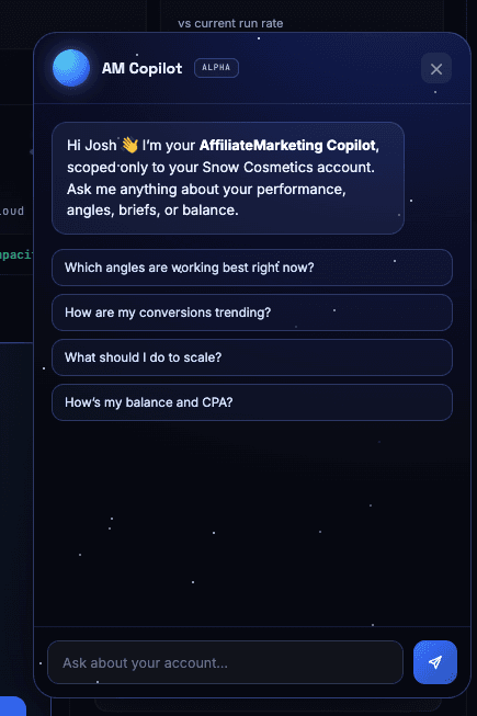 AM Copilot chat interface asking which angles are working conversions trending scale and balance CPA