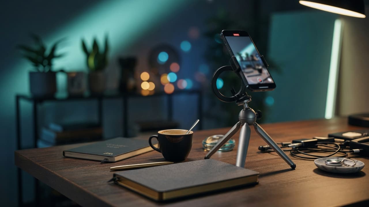Creator studio desk with phone on tripod and soft teal accent lighting representing elite creator partnerships