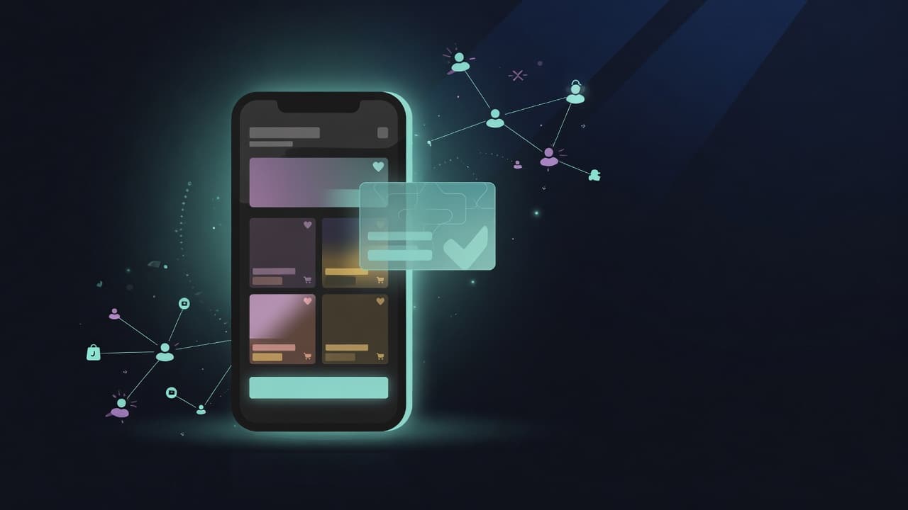 Stylized TikTok Shop commerce interface with creator seed network overlay in teal